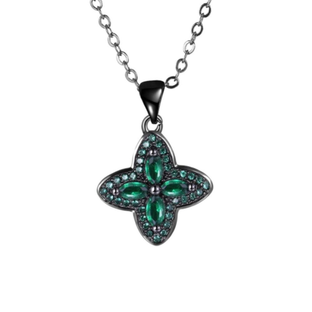 Gothic Emerald-Tone Floral Pendant Necklace – 18+2 Inch Black Chain